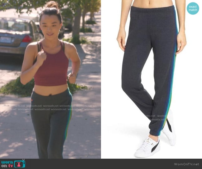 Aviator Nation Stripe Sweatpants in Charcoal Green worn by Mika Yasuda (Midori Francis) on Greys Anatomy