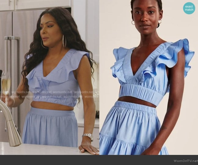 Abercrombie & Fitch Drama Collar Ruffle Poplin Top worn by Stacey Rusch on The Real Housewives of Potomac