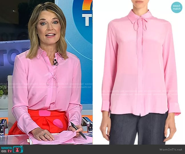 Adam Lippes Shirt With Thin Bow in Rose worn by Savannah Guthrie on Today