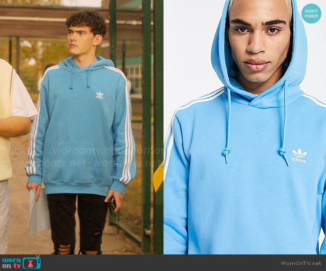 Adidas Adicolor three stripe hoodie in sky blue worn by Charlie Spring (Joe Locke) on Heartstopper