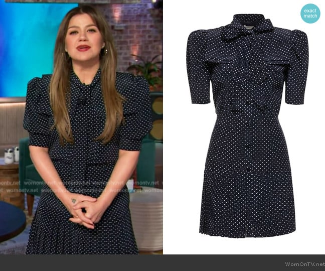 Alessandra Rich Polka dot silk pleated mini dress worn by Kelly Clarkson on The Kelly Clarkson Show