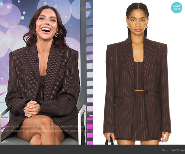 Alex Perry Lurex Pinstripe Strapless Crop Top worn by Jenna Johnson on Access Hollywood