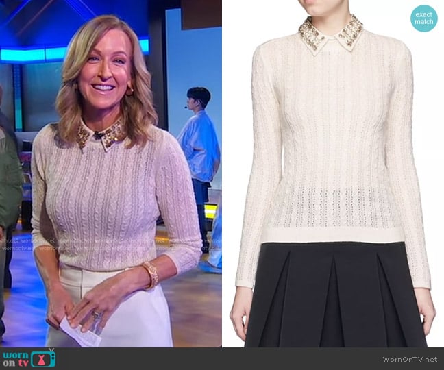 Alice + Olivia Tamsin Embellished Collar Sweater in Ivory worn by Lara Spencer on Good Morning America