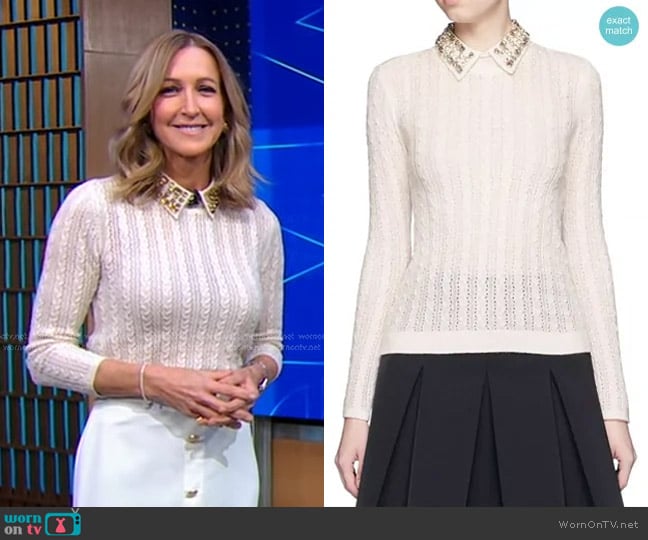 Alice + Olivia Tamsin Embellished Collar Sweater in Ivory worn by Lara Spencer on Good Morning America