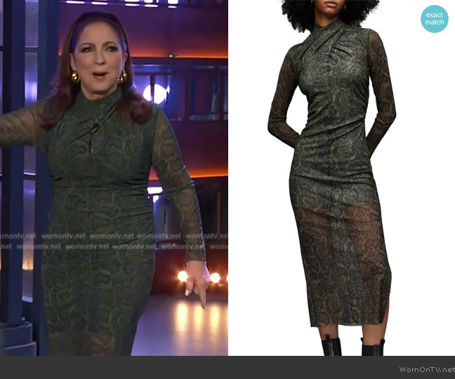 All Saints Tia Tamora Long Sleeve Midi Dress worn by Gloria Estefan on The Kelly Clarkson Show