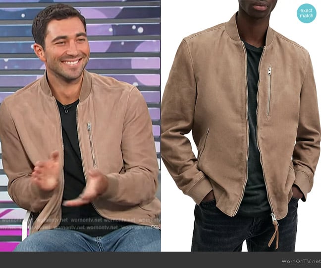 All Saints Kemble Suede Bomber Jacket worn by Joey Graziadei on Access Hollywood