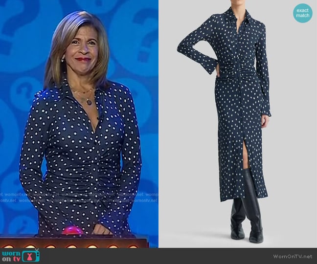 Altuzarra Claudia Polka-Dot Ruched Shirtdress in Nocturne Blue worn by Hoda Kotb on Today