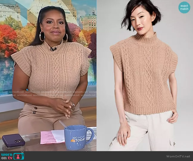 And Now This Cable-Knit Mock-Neck Sleeveless Sweater in Almond worn by Sheinelle Jones on Today