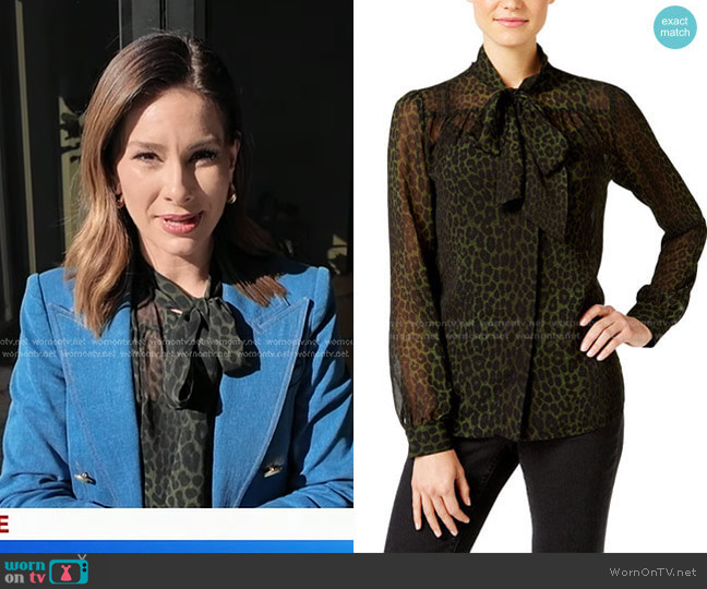 MICHAEL Michael Kors Animal-Print Sheer Tie-Neck Top worn by Rebecca Jarvis on Good Morning America