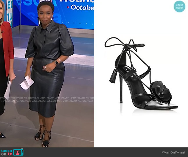 Aqua Flower Ankle Tie High Heel Sandals in Black worn by Zinhle Essamuah on NBC News Daily