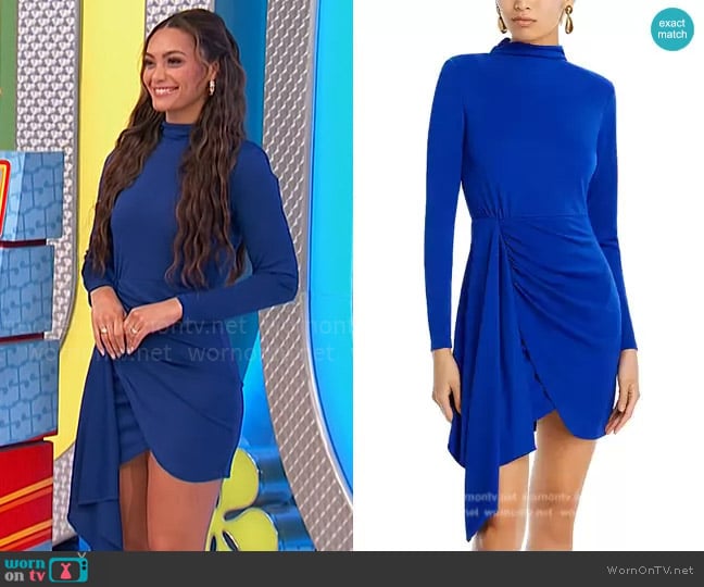 Aqua Long Sleeve Jersey Mock Neck Wrap Skirt Dress worn by Alexis Gaube on The Price is Right