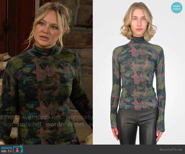 Autumn Cashmere Dark Watercolor Second Skin Sheer Mock in Pickle Combo worn by Sharon Newman (Sharon Case) on The Young and the Restless