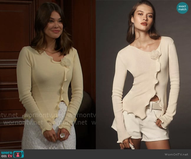 Avantlook at Anthropologie Wavy-Hem Rosette Sweater worn by Electra Forrester (Laneya Grace) on The Bold and the Beautiful