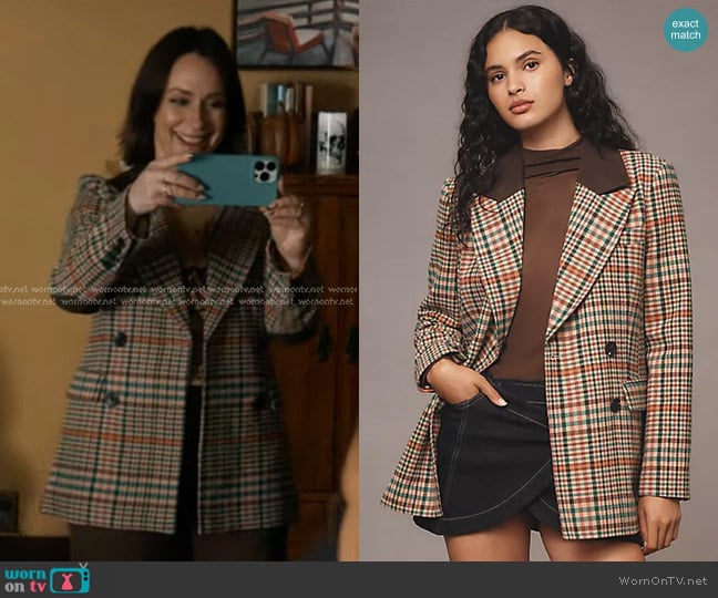 Avec Les Filles Double-Breasted Elbow-Patch Plaid Jacket in Brown worn by Maddie Kendall (Jennifer Love Hewitt) on 9-1-1