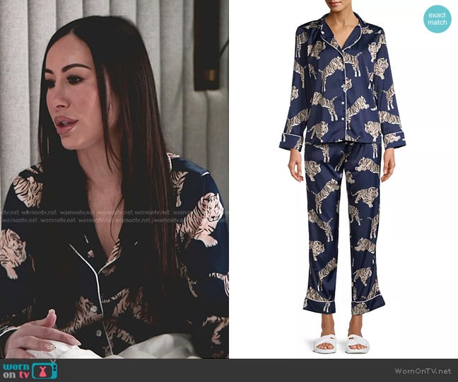 Averie Sleep Two-Piece Tiger Print Pajama Set in Navy Blue worn by Angie Katsanevas on The Real Housewives of Salt Lake City