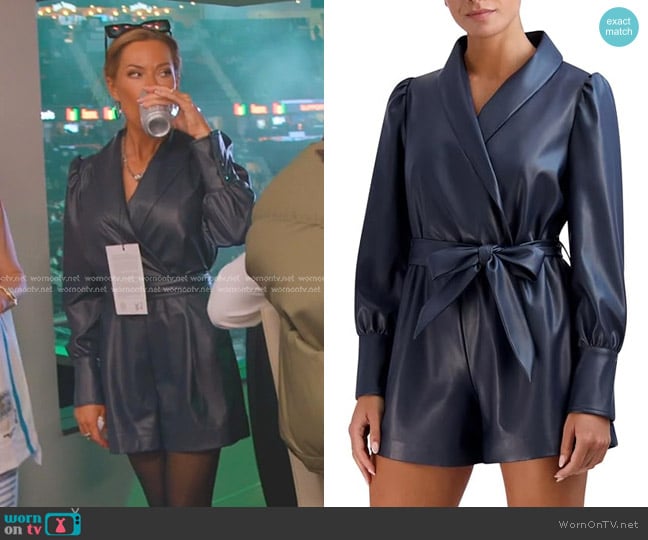 BCBGeneration Faux Leather Romper in Navy worn by Britani Bateman on The Real Housewives of Salt Lake City