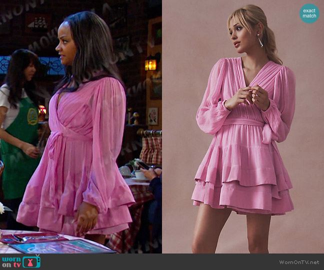 BHLDN Esme V-Neck Long-Sleeve Wrap Chiffon Mini Dress worn by Chanel Dupree (Raven Bowens) on Days of our Lives