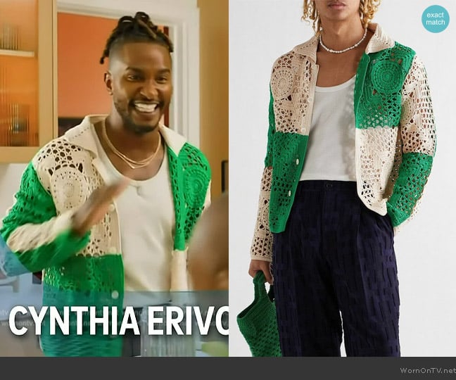 Bode Colour-Block Crochet-Knit Cotton Shirt worn by Scott Evans on Access Hollywood