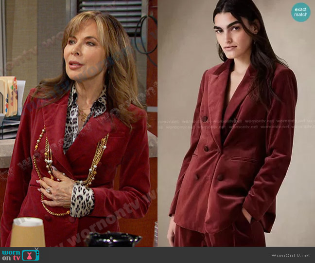 Banana Republic Wooster Velvet Blazer in Cranberry Cocktail worn by Kate Roberts (Lauren Koslow) on Days of our Lives