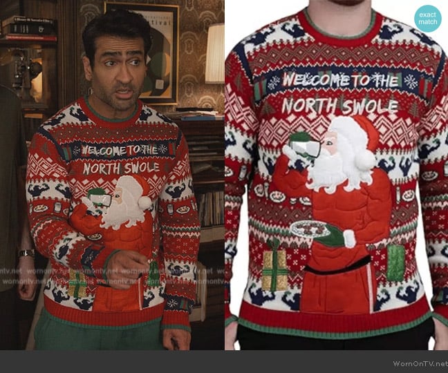 Blizzard Bay North Swole Christmas Sweater worn by Rudy (Kumail Nanjiani) on Only Murders in the Building