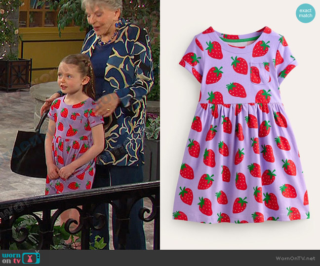 Boden Fun Jersey Dress in Purple Strawberry worn by  Charlotte DiMera (Oakley Rondou) on Days of our Lives