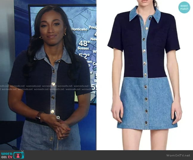 Sandro Brooke Mixed Media Denim Mini Shirtdress worn by Brittany Bell on Good Morning America