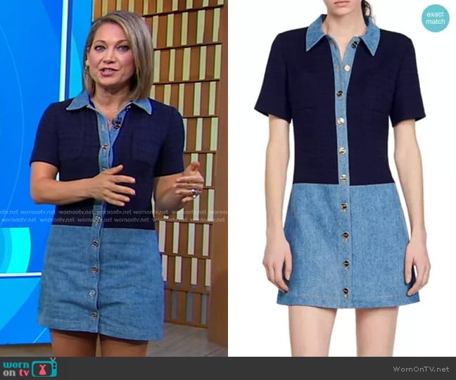 Sandro Brooke Mixed Media Denim Mini Shirtdress worn by Ginger Zee on Good Morning America