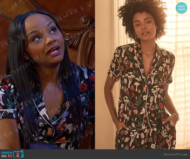 Anthropologie Silky Patterned Pajama Top in Black worn by Chanel Dupree (Raven Bowens) on Days of our Lives