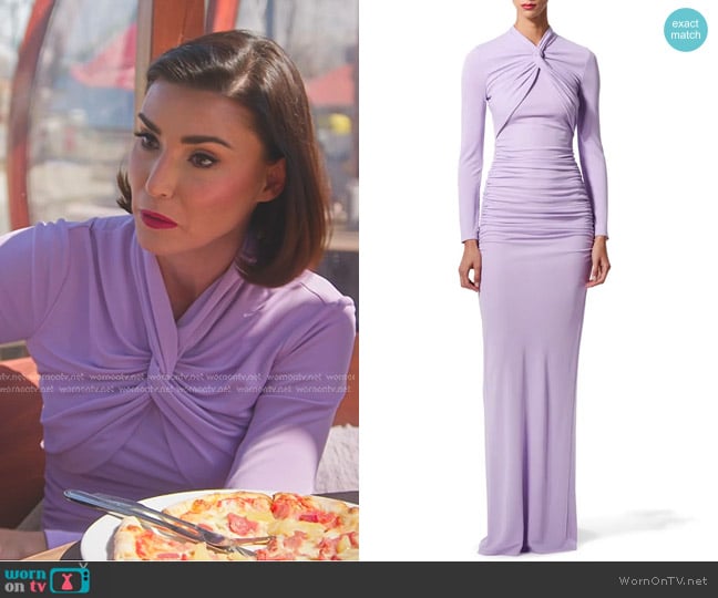 Carolina Herrera Twisted Gathered Jersey Gown in Lavender worn by Bronwyn Newport on The Real Housewives of Salt Lake City