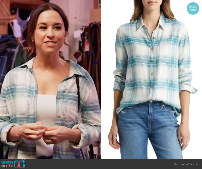 Caslon Plaid Button-up Shirt In Ivory- Teal Erin Plaid worn by Lacey Chabert on Celebrations with Lacey Chabert