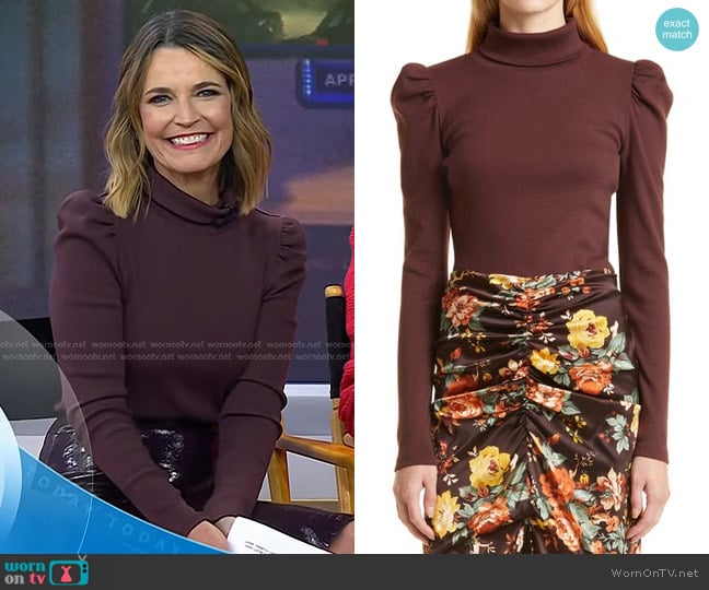 Veronica Beard Cedar Puff Sleeve Turtleneck Rib Top worn by Savannah Guthrie on Today