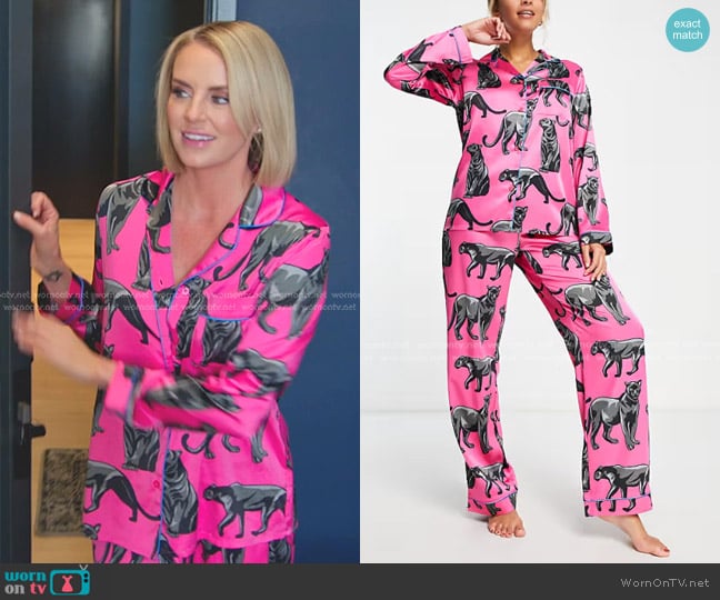 Chelsea Peers Premium Satin Panther Print Button Top and Pants Pajama Set in pink worn by Whitney Rose on The Real Housewives of Salt Lake City