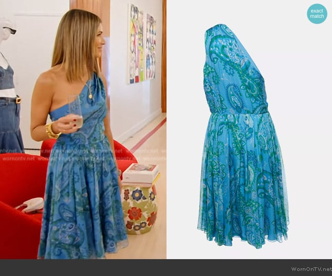 Christian Dior Blue Paisley Printed One Shoulder Mini Dress worn by Erin Lichy on The Real Housewives of New York City