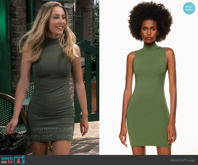 Contour at Aritzia Mockneck Mini Dress in Sencha Green worn by Josslyn Jacks (Eden McCoy) on General Hospital