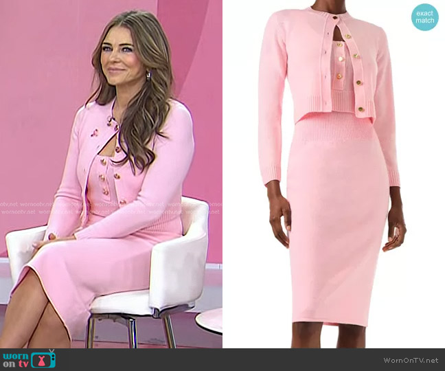 Monique Lhuillier Cropped Cashmere Tank, Cardigan and Pencil Skirt worn by Elizabeth Hurley on Today