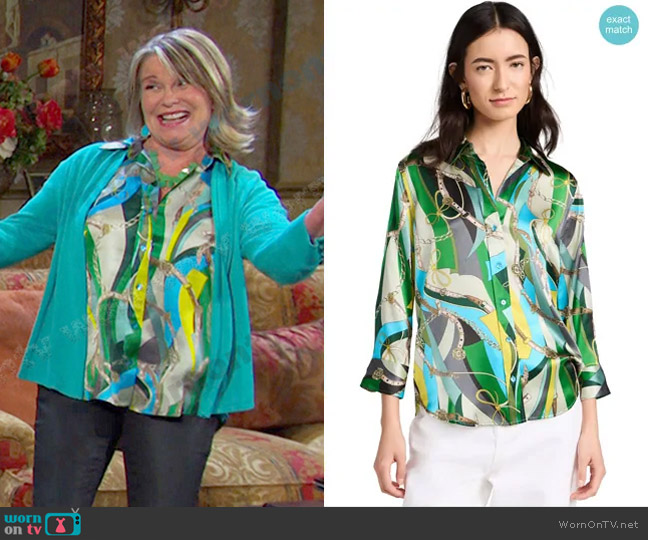 L'Agence Dani Shirt in Sea Green Multi Belt Swirl worn by Bonnie Lockhart (Judi Evans) on Days of our Lives