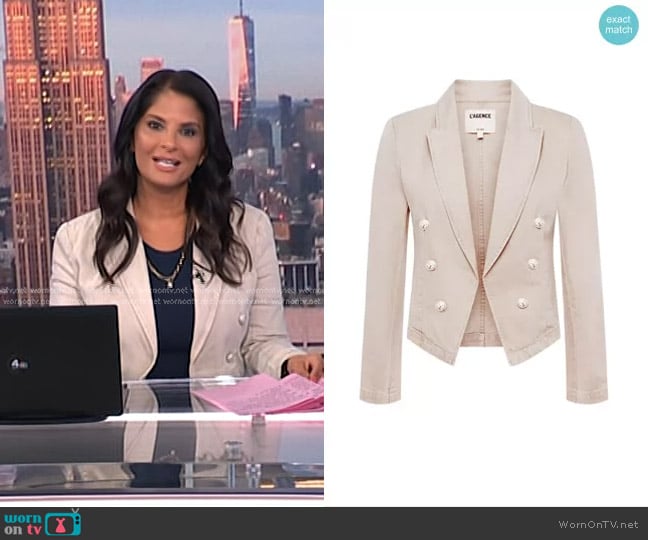 L'Agence Wayne Denim Double-Breasted Jacket in Sand Dune worn by Darlene Rodriguez on Today