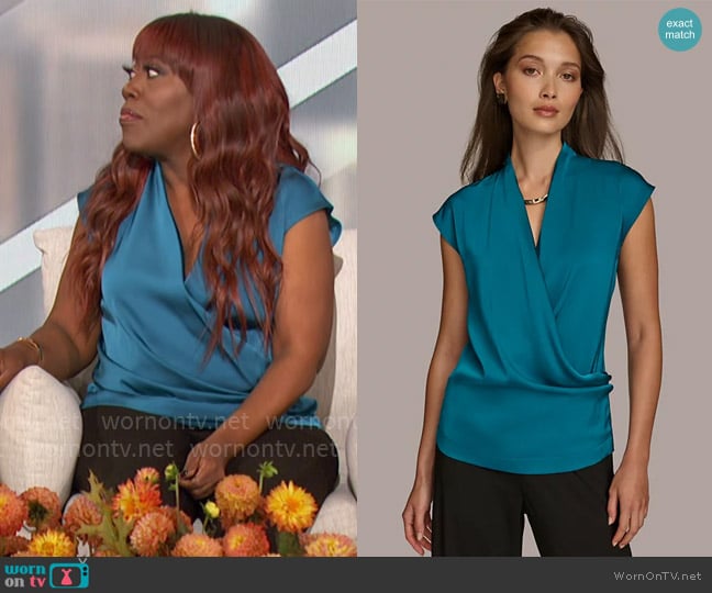 Donna Karan Cap Sleeve Faux-Wrap Blouse worn by Sheryl Underwood on The Talk