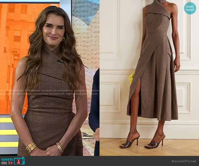 Brandon Maxwell Draped checked wool halterneck midi dress worn by Brooke Shields on Today