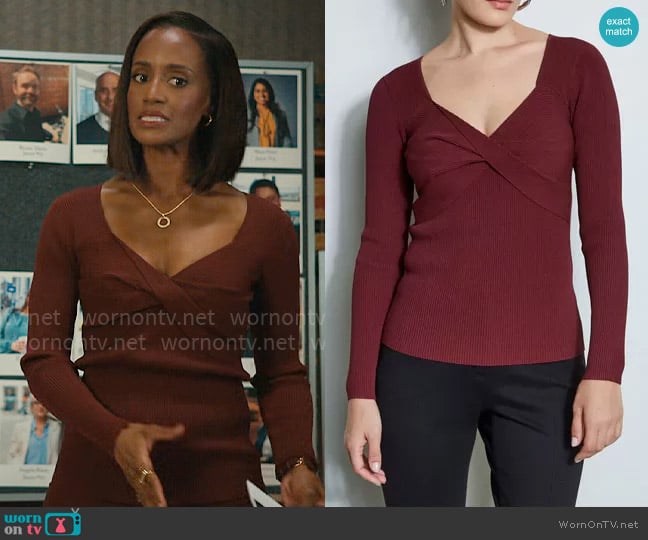 Elie Tahari Twisted Rib-Knit Sweater in Black Cherry worn by Olympia (Skye P. Marshall) on Matlock