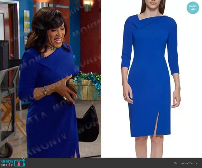 Calvin Klein Foldover-Neck Front-Slit Sheath Dress in Regatta worn by Paulina Price (Jackée Harry) on Days of our Lives