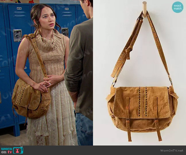 Free People Zevon Distressed Messenger Bag in Desert Dune worn by Sophia (Madelyn Kientz) on Days of our Lives