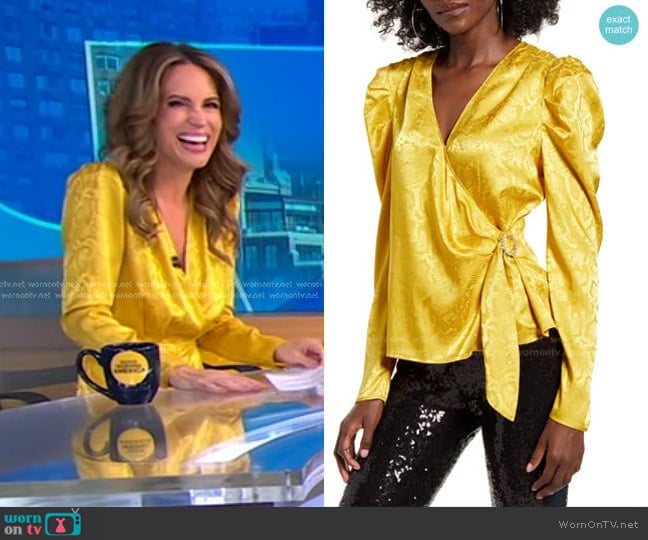 WAYF Gigi Puff Sleeve Wrap Top worn by Rhiannon Ally on Good Morning America