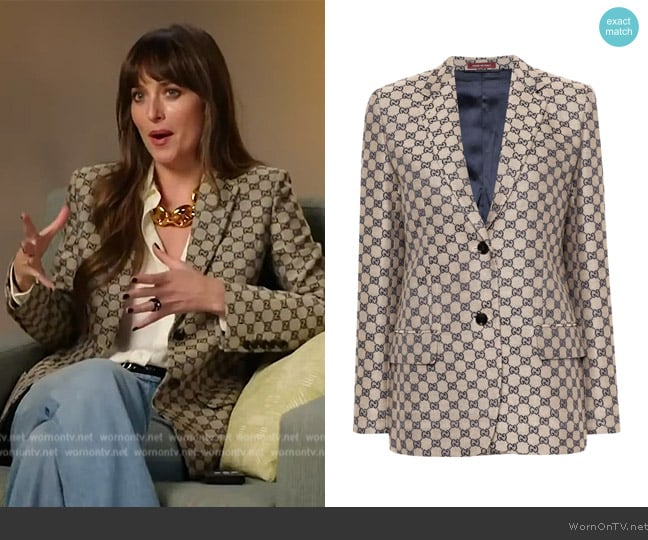 Gucci GG-embroidered single-breasted blazer worn by Dakota Johnson on E! News