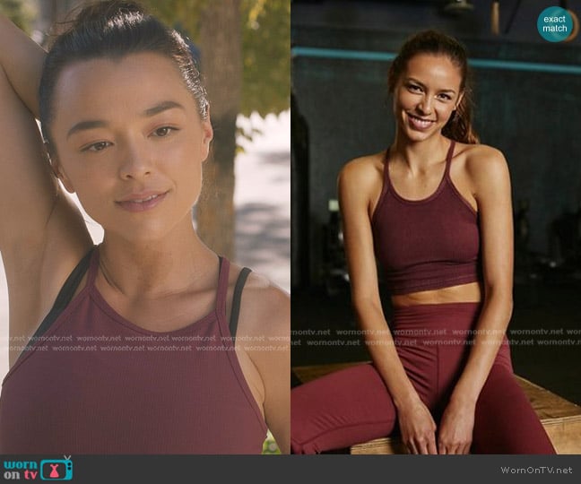 Happiness Runs Crop Tank in Burgundy worn by Mika Yasuda (Midori Francis) on Greys Anatomy