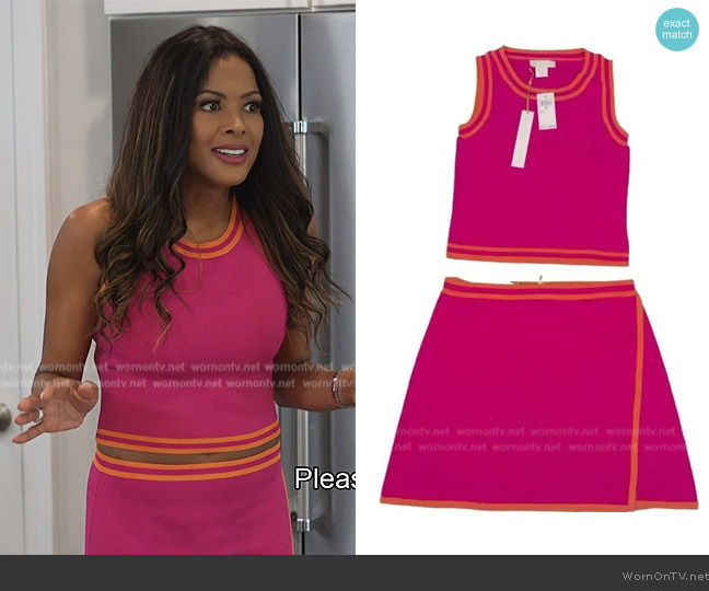 House of Harlow 1960 Pink Stripe Trim Top and Skirt worn by Stacey Rusch on The Real Housewives of Potomac