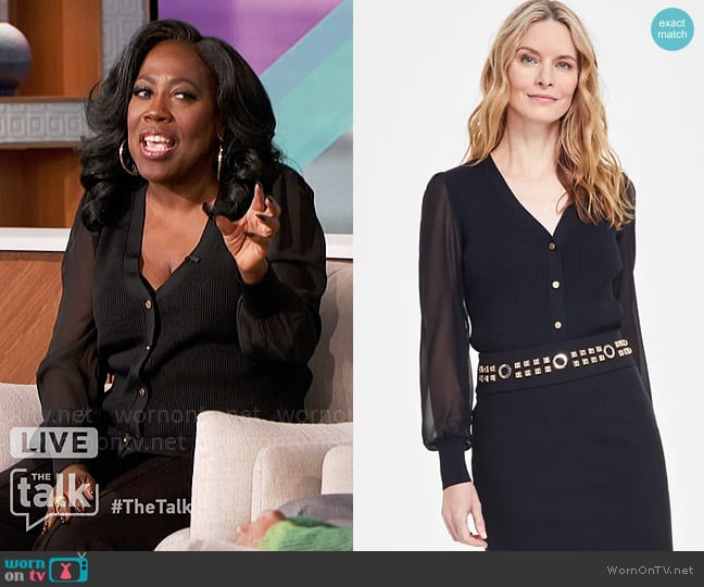 INC International Concepts Button-Front Chiffon-Sleeve Cardigan worn by Sheryl Underwood on The Talk