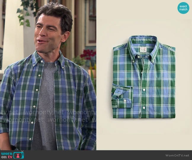 J. Crew Secret Wash cotton poplin shirt in Sam Blue Green worn by Dave Johnson (Max Greenfield) on The Neighborhood