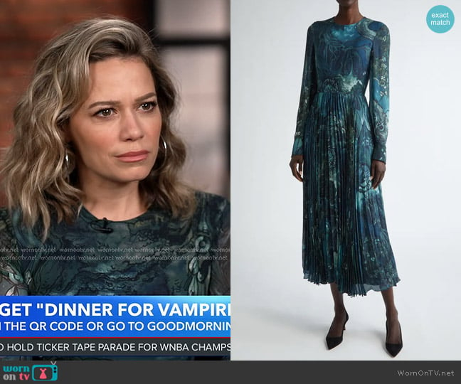 Jason Wu Collection Forestscape Print Pleated Dress in Lapis Multi worn by Bethany Joy Lenz on Good Morning America