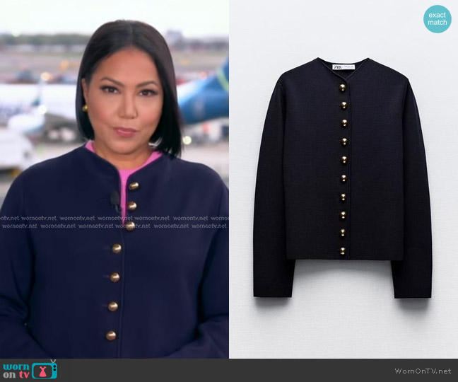 Zara Knit Cardigan with Golden Buttons in Navy Blue worn by Stephanie Ramos on Good Morning America